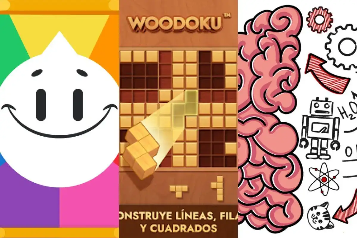 Collage de juegos mentales para adultos: un personaje sonriente, un juego de bloques tipo Tetris y un cerebro con elementos de ciencia.