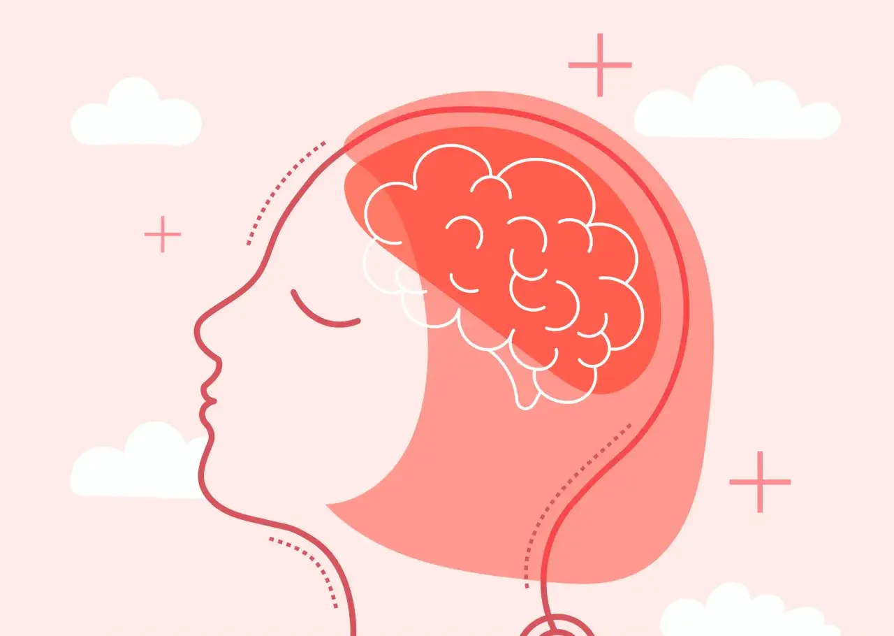 Perfil de cabeza con cerebro estilizado, sugiriendo hipnosis Ericksoniana. Nubes y cruces flotan en un fondo rosa suave.
