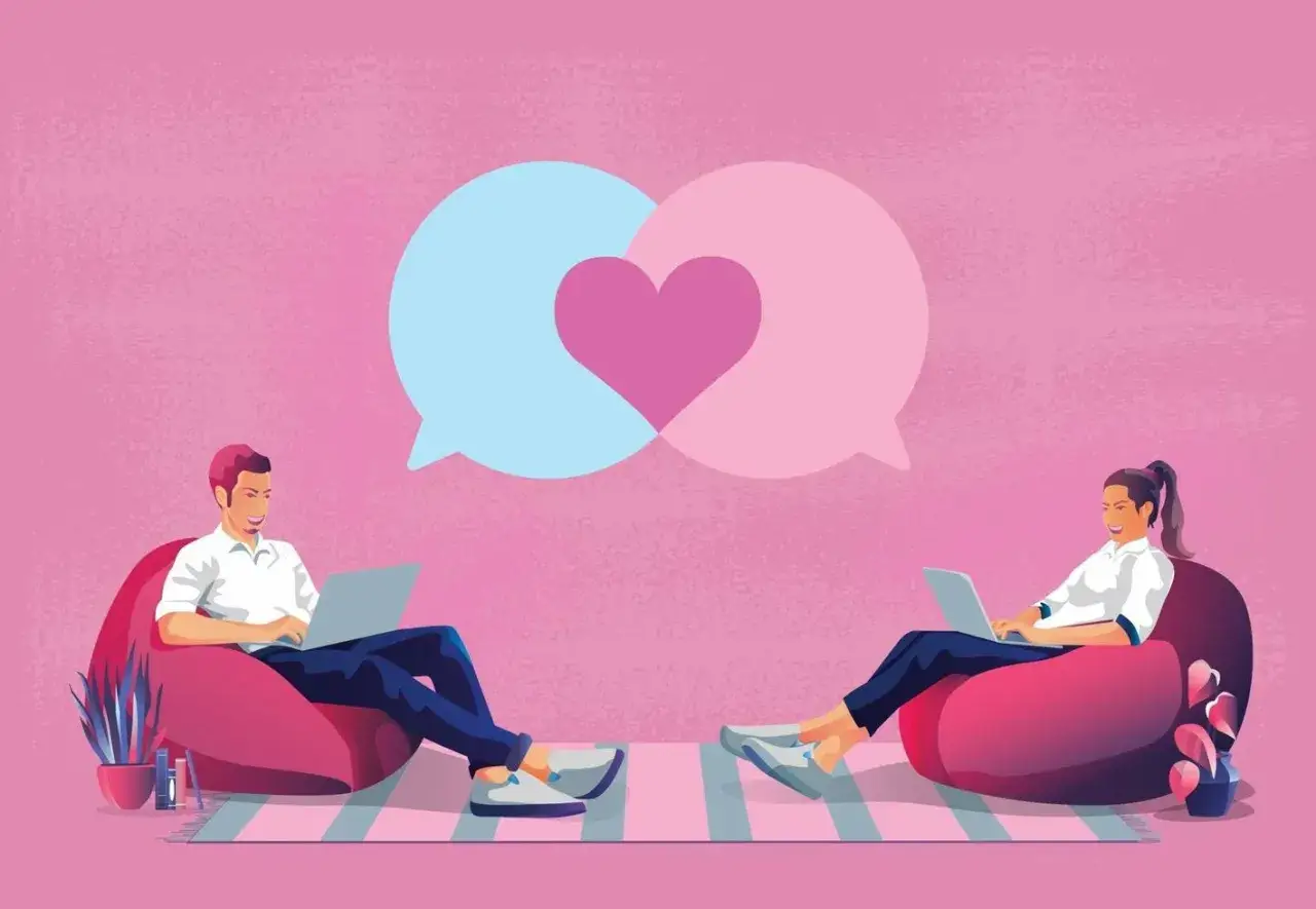 Pareja conectada, buscando frases para tu novio. Un hombre y una mujer en sus port&aacute;tiles, con burbujas de di&aacute;logo y un coraz&oacute;n rosa.