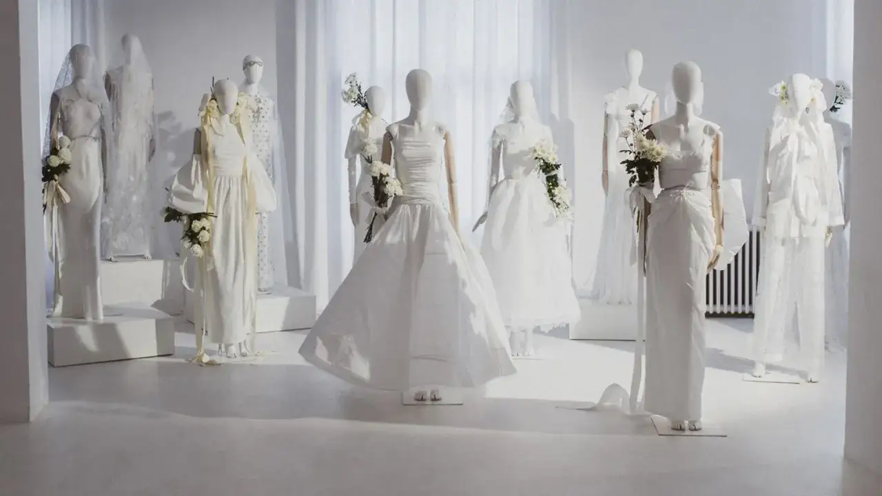 Maniqu&iacute;es con vestidos de novia blancos, como si Juan Miranda eligiera la novia perfecta. Flores blancas adornan los trajes.