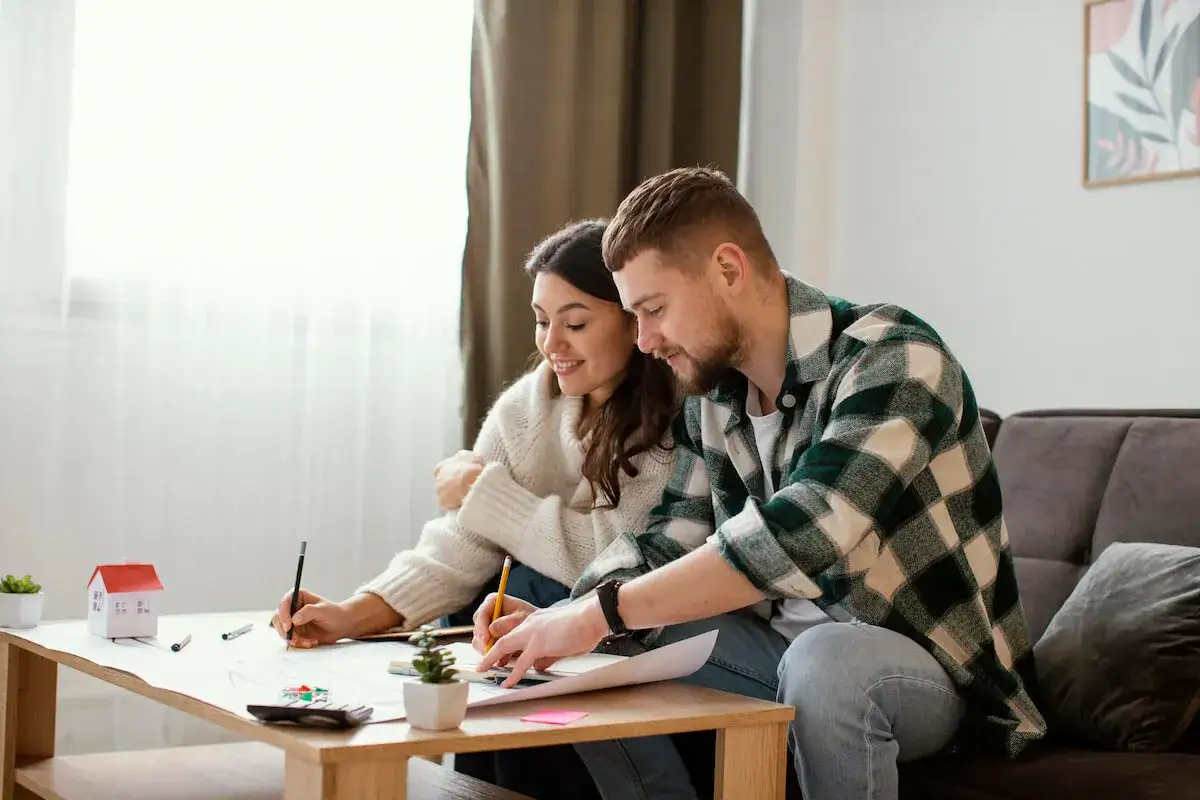 Pareja joven planeando su futuro, sentados en el sofá, revisando papeles y discutiendo de que hablar con tu pareja sobre sus proyectos.