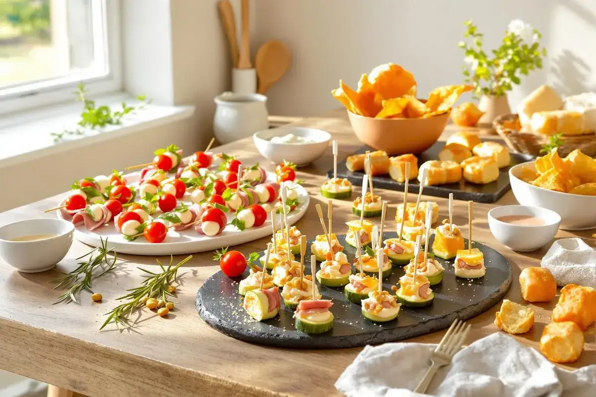 Delicioso men&uacute; para fiestas con brochetas de tomate y mozzarella, bocaditos de pepino y patatas fritas.