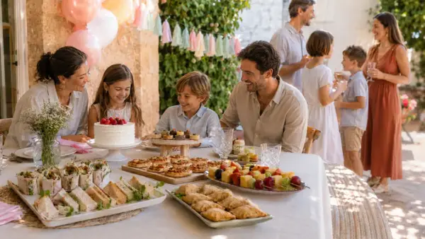 Familia celebrando con un delicioso menú para fiestas: pastel, mini pizzas, sándwiches, bocadillos y frutas.